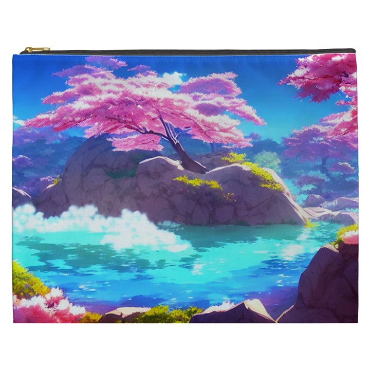 Fantasy Japan Mountains Cherry Blossoms Nature Cosmetic Bag (XXXL)