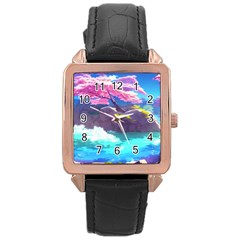 Fantasy Japan Mountains Cherry Blossoms Nature Rose Gold Leather Watch  by Uceng