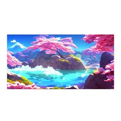 Fantasy Japan Mountains Cherry Blossoms Nature Satin Wrap 35  X 70 