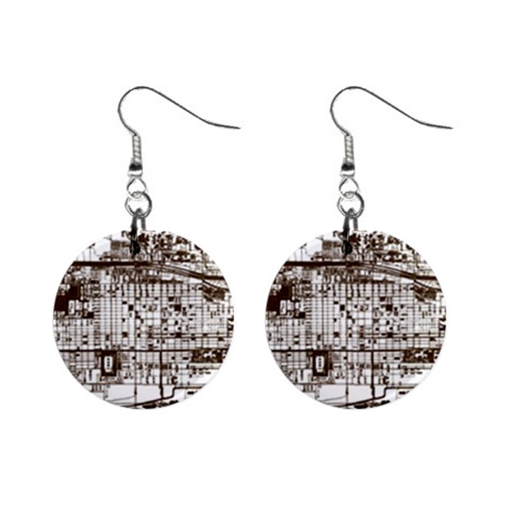 Antique Oriental Town Map  Mini Button Earrings