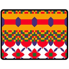 Red Flowers And Colorful Squares                                                                 Fleece Blanket by LalyLauraFLM