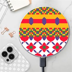 Red Flowers And Colorful Squares                                                            Wireless Fast Charger by LalyLauraFLM