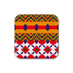 Red Flowers And Colorful Squares                                                                  Rubber Square Coaster (4 Pack) by LalyLauraFLM