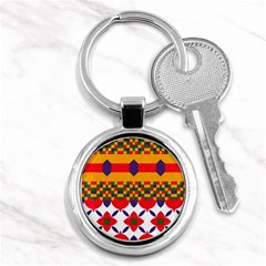 Red Flowers And Colorful Squares                                                                  Key Chain (round) by LalyLauraFLM