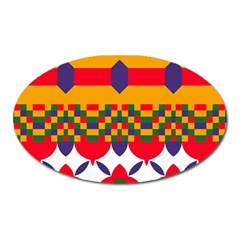 Red Flowers And Colorful Squares                                                                  Magnet (oval) by LalyLauraFLM