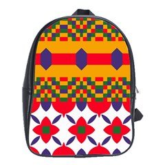 Red Flowers And Colorful Squares                                                                  School Bag (large) by LalyLauraFLM