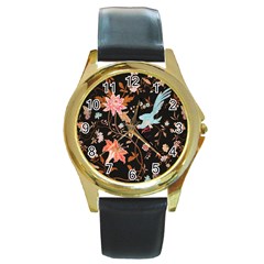 Vintage Floral Pattern Round Gold Metal Watch by Valentinaart