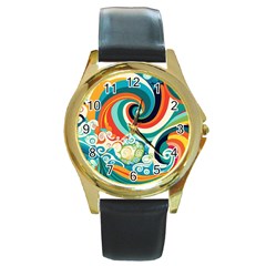 Wave Waves Ocean Sea Abstract Whimsical Round Gold Metal Watch