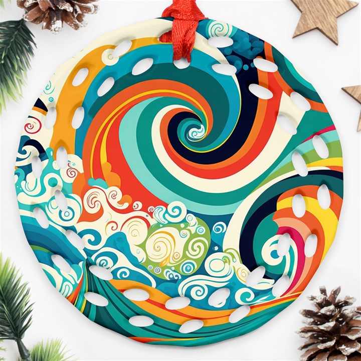 Wave Waves Ocean Sea Abstract Whimsical Round Filigree Ornament (Two Sides)