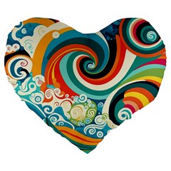 Wave Waves Ocean Sea Abstract Whimsical Large 19  Premium Flano Heart Shape Cushions