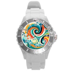 Wave Waves Ocean Sea Abstract Whimsical Round Plastic Sport Watch (l)