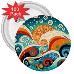 Waves Ocean Sea Abstract Whimsical (3) 3  Buttons (100 Pack) 