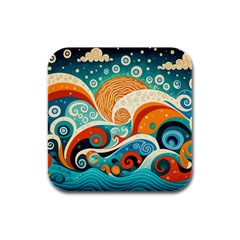 Waves Ocean Sea Abstract Whimsical (3) Rubber Square Coaster (4 Pack)