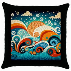 Waves Ocean Sea Abstract Whimsical (3) Throw Pillow Case (black) by Jancukart