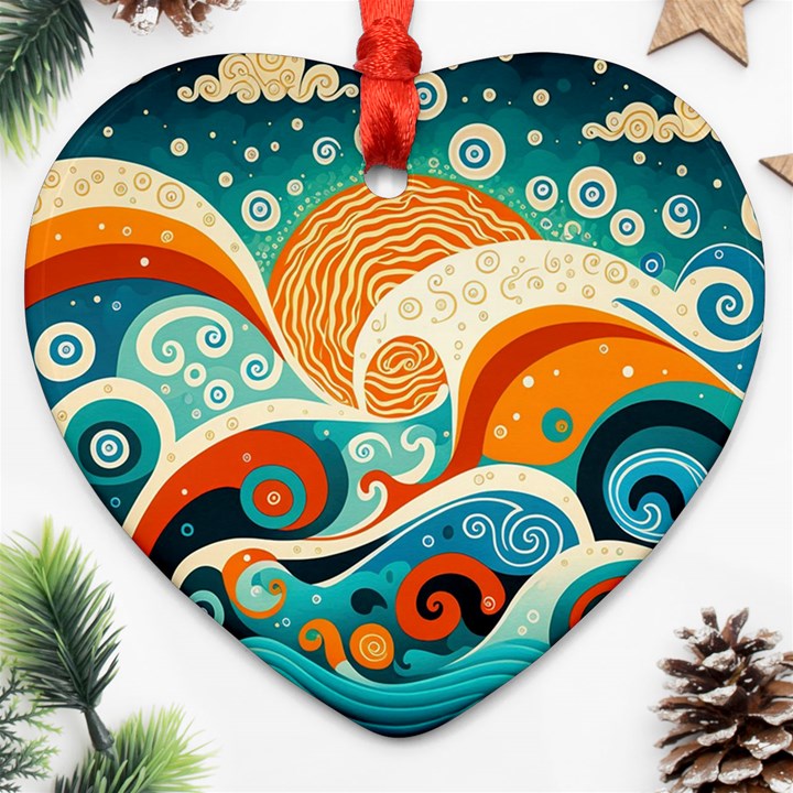 Waves Ocean Sea Abstract Whimsical (3) Heart Ornament (Two Sides)