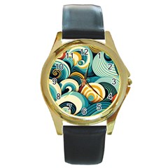 Waves Ocean Sea Abstract Whimsical (1) Round Gold Metal Watch