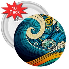 Waves Wave Ocean Sea Abstract Whimsical 3  Buttons (10 Pack) 