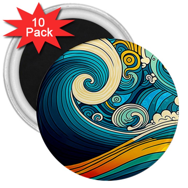 Waves Wave Ocean Sea Abstract Whimsical 3  Magnets (10 pack) 