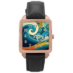 Waves Wave Ocean Sea Abstract Whimsical Rose Gold Leather Watch 