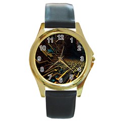 Data Technology Coding Pattern Round Gold Metal Watch