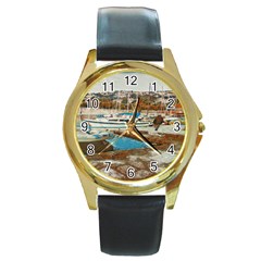 Alone On Gardasee, Italy  Round Gold Metal Watch by ConteMonfrey