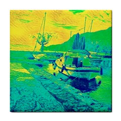 Blue And Green Boat Modern  Tile Coaster by ConteMonfrey