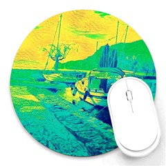 Blue And Green Boat Modern  Round Mousepad by ConteMonfrey