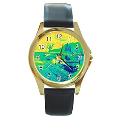 Blue And Green Boat Modern  Round Gold Metal Watch by ConteMonfrey