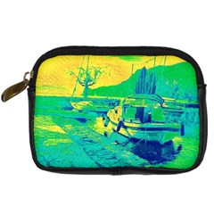 Blue And Green Boat Modern  Digital Camera Leather Case by ConteMonfrey