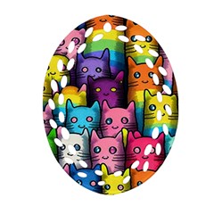 Cats Cat Cute Animal Rainbow Pattern Colorful Ornament (Oval Filigree)