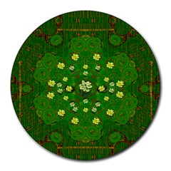 Lotus Bloom In Gold And A Green Peaceful Surrounding Environment Round Mousepad by pepitasart