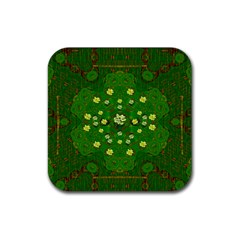 Lotus Bloom In Gold And A Green Peaceful Surrounding Environment Rubber Coaster (square) by pepitasart