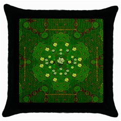 Lotus Bloom In Gold And A Green Peaceful Surrounding Environment Throw Pillow Case (black) by pepitasart