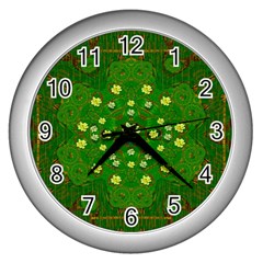 Lotus Bloom In Gold And A Green Peaceful Surrounding Environment Wall Clock (silver) by pepitasart