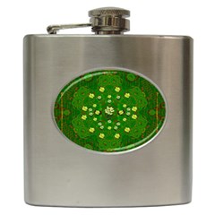 Lotus Bloom In Gold And A Green Peaceful Surrounding Environment Hip Flask (6 Oz) by pepitasart