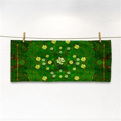 Lotus Bloom In Gold And A Green Peaceful Surrounding Environment Hand Towel by pepitasart