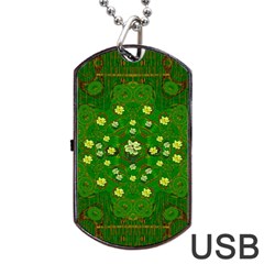 Lotus Bloom In Gold And A Green Peaceful Surrounding Environment Dog Tag Usb Flash (one Side) by pepitasart