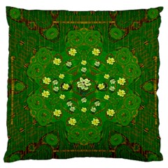 Lotus Bloom In Gold And A Green Peaceful Surrounding Environment Large Cushion Case (two Sides) by pepitasart