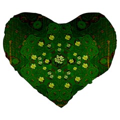 Lotus Bloom In Gold And A Green Peaceful Surrounding Environment Large 19  Premium Heart Shape Cushions by pepitasart