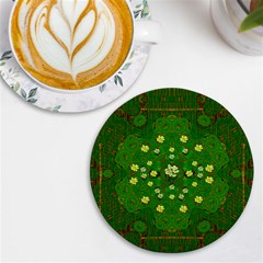 Lotus Bloom In Gold And A Green Peaceful Surrounding Environment Uv Print Round Tile Coaster by pepitasart