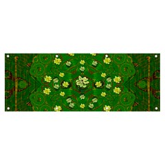 Lotus Bloom In Gold And A Green Peaceful Surrounding Environment Banner And Sign 8  X 3  by pepitasart