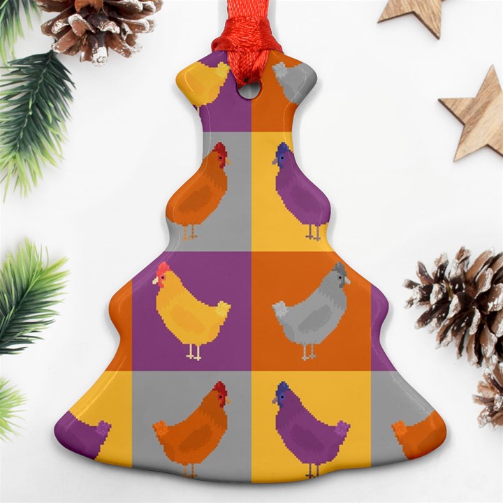 Chickens Pixel Pattern - Version 1a Christmas Tree Ornament (Two Sides)