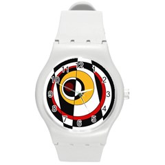 Circles And Lines Abstraction 73 Red Amber  Round Plastic Sport Watch (m) by Mazipoodles