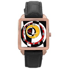 Circles And Lines Abstraction 73 Red Amber  Rose Gold Leather Watch  by Mazipoodles