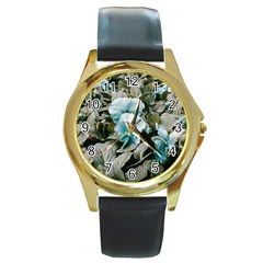 Flowers And Leaves Colored Scene Round Gold Metal Watch