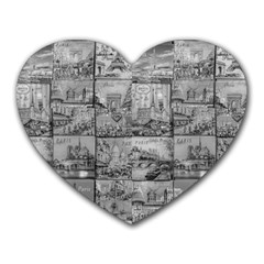 Paris Souvenirs Black And White Pattern Heart Mousepad by dflcprintsclothing