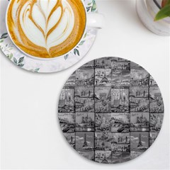 Paris Souvenirs Black And White Pattern Uv Print Round Tile Coaster by dflcprintsclothing