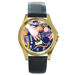 Stevie Ray Guitar  Round Gold Metal Watch by StarvingArtisan