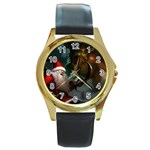 A Santa Claus Standing In Front Of A Dragon Round Gold Metal Watch Front