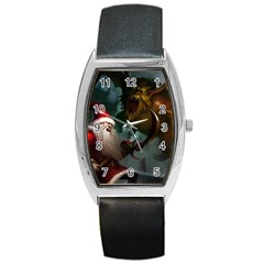 A Santa Claus Standing In Front Of A Dragon Barrel Style Metal Watch